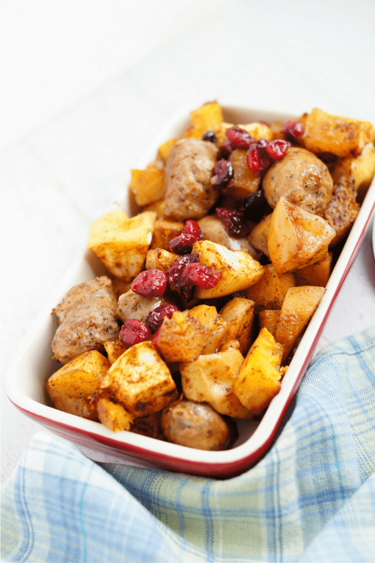 roasted pumpkin apples and sausage one pan ish