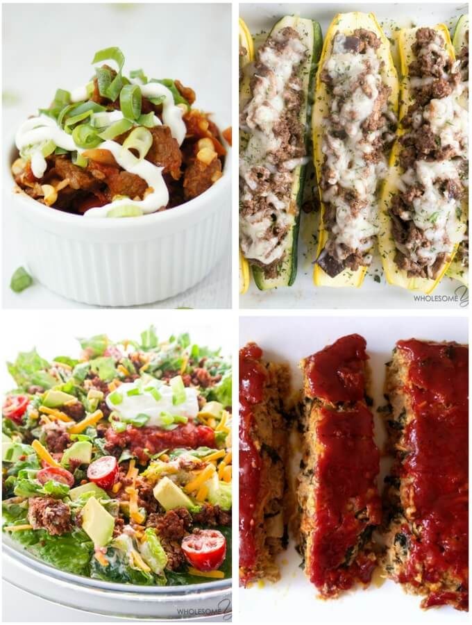four low carb ground beef recipes, chili meatloaf salad and squash boats.